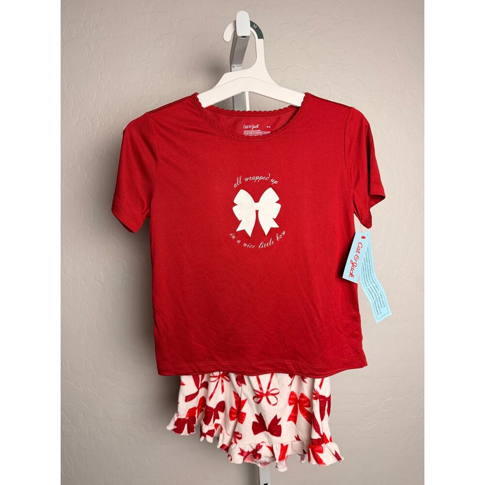 Cat & Jack Girls Pajama Set M 8 Red Bow Sleep Shorts NWT
